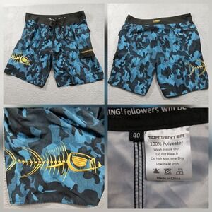 Tormenter Board Shorts Men's 40 Blue Black Camo Fish Skeleton Surf